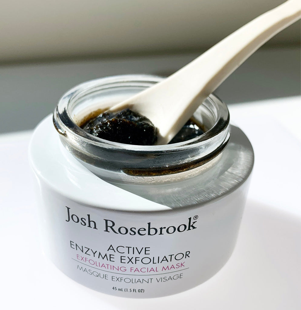 Josh Rosebrook Active Enzyme Exfoliator  FAcial MAsk white jar of product with spoon ansd black product inside jar.