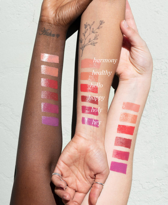 eve perez carrot color pot makeup blush lip balm tint swatches with multiple colors on different skin tone arms
