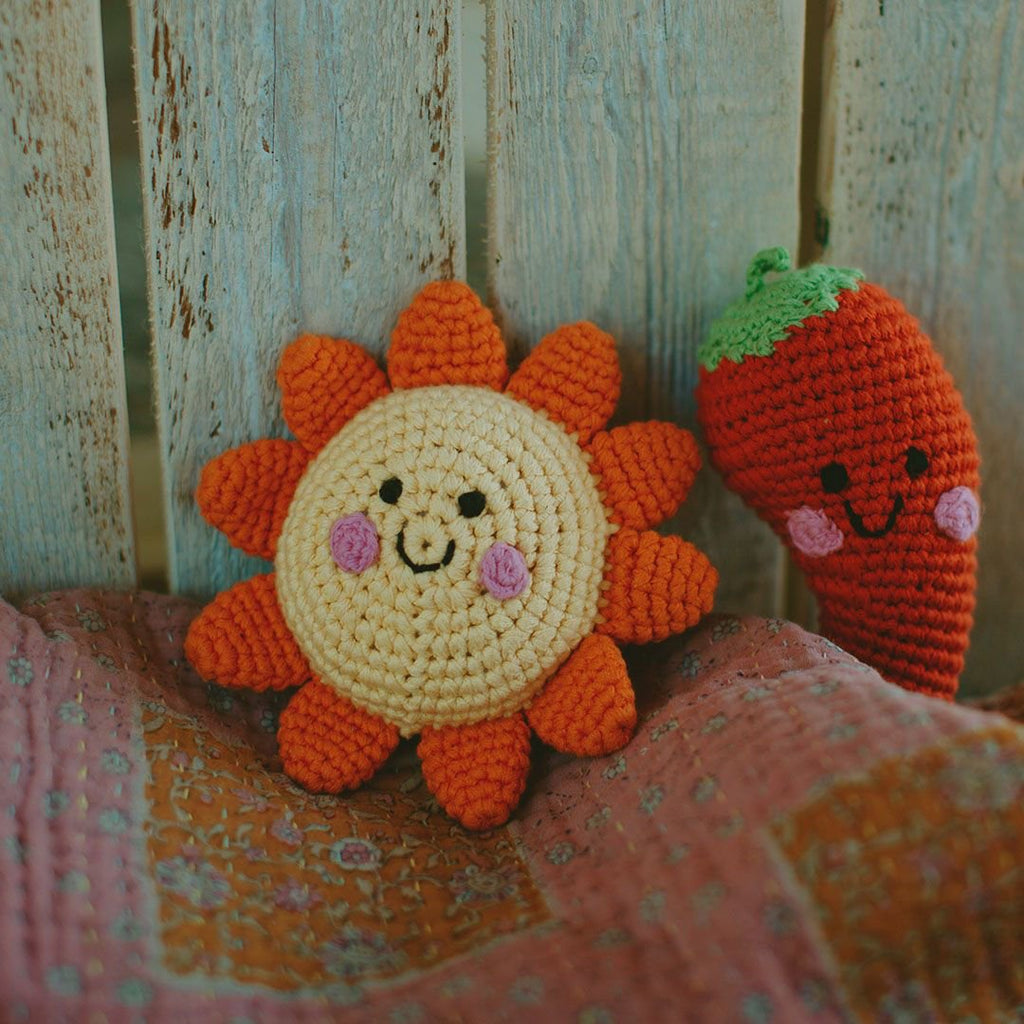 pebble handknit sun rattle and carrot rattle 